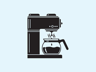 Solid black silhouette of a coffee maker dripping hot coffee into a glass pot, steam rising,
