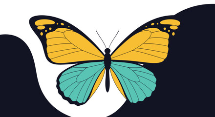 A vibrant graphic illustration of a butterfly with yellow and teal split wings, set against a dynamic dual-tone white and dark blue background.