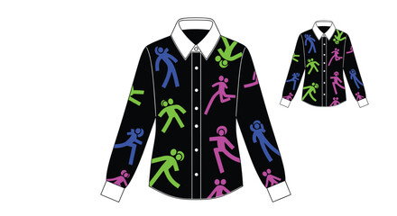 Colorful stick figures in dynamic poses create a vibrant, playful pattern on a black long-sleeved button-up shirt design.