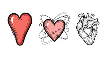 Three distinct artistic interpretations of the heart, ranging from abstract to anatomical, depicting love, emotion, and science.