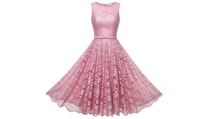 Elegant sleeveless pink lace dress featuring a full flared skirt against a dark background