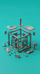 Exploded view of metallic cubic frame assembly components laid out on a vibrant colored surface