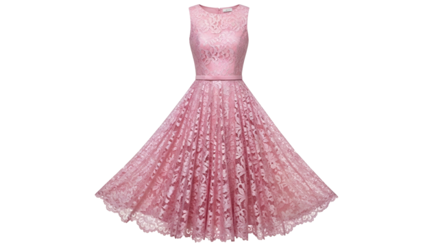 Elegant sleeveless pink lace dress featuring a full flared skirt against a dark background