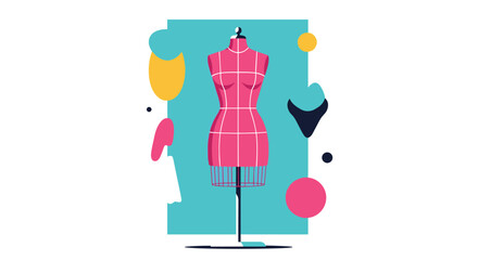 A stylish pink dress form for fashion design and tailoring is centered on a vibrant teal background, surrounded by colorful abstract shapes.