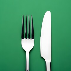 A clean and modern set of cutlery consisting of a fork and a knife placed on a vibrant green background for dining or culinary themes
