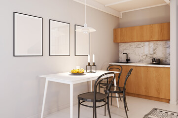 Modern Scandinavian Loft Apartment Interior with Kitchen, Dining Area, and Cozy Living Space.