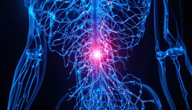 Explore the intricate beauty of the human nervous system, a vibrant representation of health, pain, and the complexities of medical science research