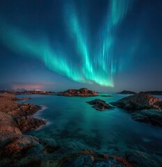 Naklejka premium Epic view of glowing blue and green northern lights covering night sky above tranquil ocean, moon’s silver light shimmering on water, mysterious islands beneath universe of endless bright stars.