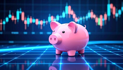 A cute pink piggy bank sits in front of a fluctuating financial graph. A vibrant blue grid beneath the bank