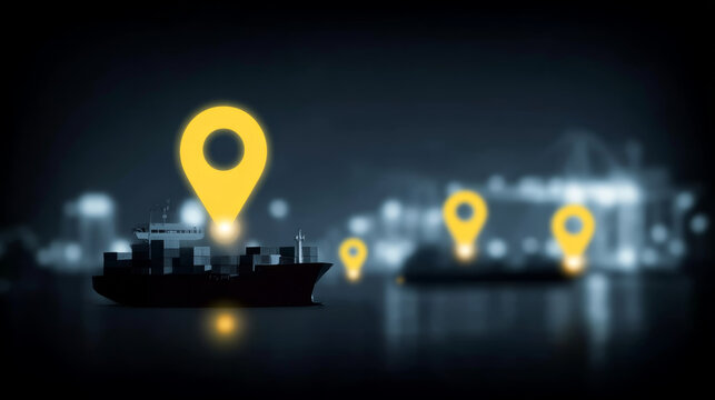 Logistic connectivity is enhanced by server technology enabling multiple cargo ships to be tracked efficiently with digital location markers in modern port at night