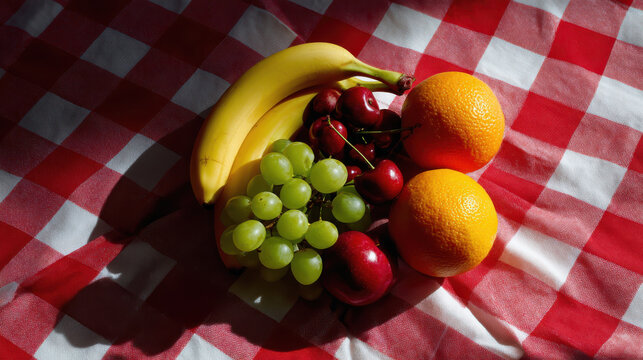 Fresh fruits flat lay on holiday theme picnic blanket create vibrant atmosphere perfect for gatherings and celebrations