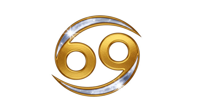 Golden and silver rendition of the astrological symbol for the zodiac sign Cancer against a dark backdrop