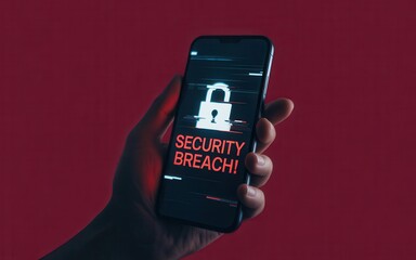 Hand holding smartphone displaying security breach warning with unlocked padlock icon