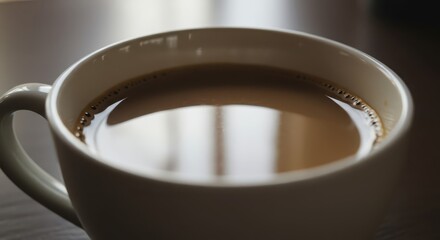 Close up view captures creamy beverage resting inside bright ceramic mug