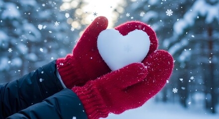 Red-gloved hands hold a heart-shaped snowball as snow falls in a wintery forest scene.