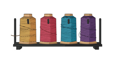 Four colorful spools of thread, including yellow, red, teal, and purple, neatly arranged on a dark stand, ready for sewing or crafting.