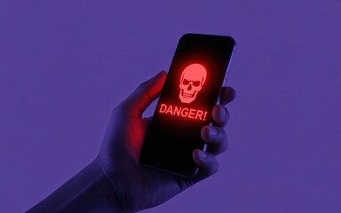 Hand holding smartphone displaying skull and danger warning in red light