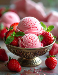 Strawberry ice cream in a vintage cup with fresh berries