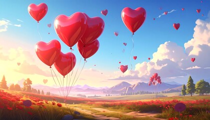 Red Heart Balloons Floating Over Scenic Landscape at Sunset.