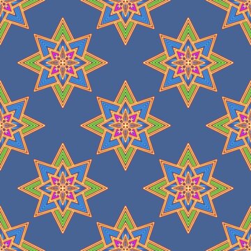 Glowing Eight-Pointed Tribal Stars
Eight-pointed tribal stars in neon hues glow on blue, offering symmetry and vibrant motion.