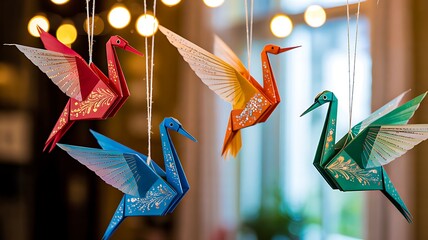 Colorful hanging origami birds with soft bokeh lights in background
