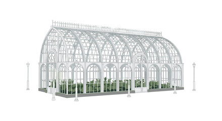 An elegant, detailed illustration of a classic glass greenhouse filled with green plants, flanked by decorative lampposts.