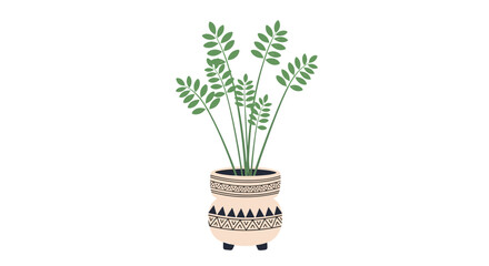A minimalist illustration of a vibrant green houseplant with multiple leafy stems, planted in a decorative beige pot with tribal patterns, standing on a white background.