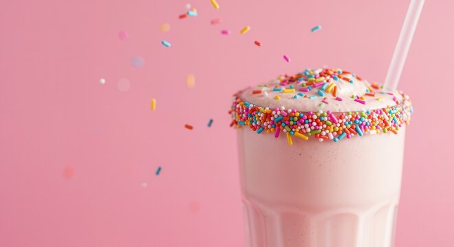 Delightful frosted beverage heavily decorated with colorful candy pieces against a soft pink backdrop