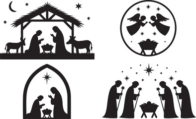Fototapeta premium Set of four silhouetted nativity scenes for Christmas showing Joseph and Mary, Wise men and angels at the crib of the Christ child, black and white vector illustration