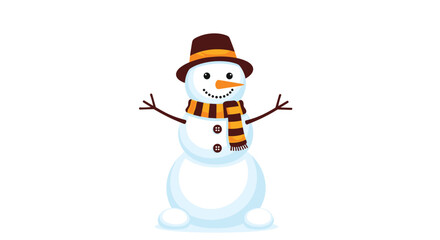 Adorable cartoon snowman with a brown hat, striped scarf, and carrot nose stands smiling happily, perfect for winter and holiday designs.