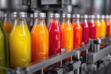 Bottled Juice Production Line with Colorful Beverages.