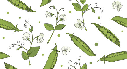 Fresh green pea pods, white pea flowers, and lush pea plants create a vibrant, hand-drawn seamless pattern on a clean white background.