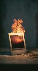 Burning Memories - A Polaroid Engulfed in Flames, Symbolizing Loss and Destruction.