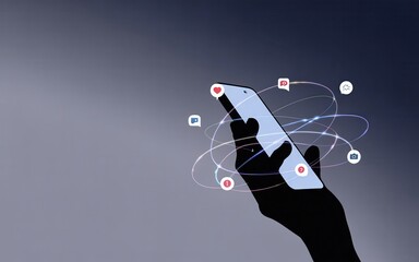 Hand holding a smartphone with digital network connections and data icons