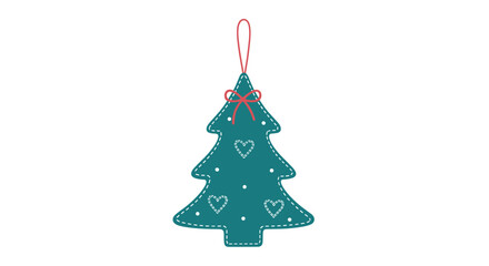 A stylized Christmas tree ornament with a dashed outline and decorative elements hangs from a red loop, set against a clean white background.