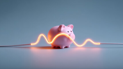 Piggy bank glowing wire data finance savings technology pink electricity modern minimal digital concept investment futuristic light energy innovation creative wire connection economy banking money