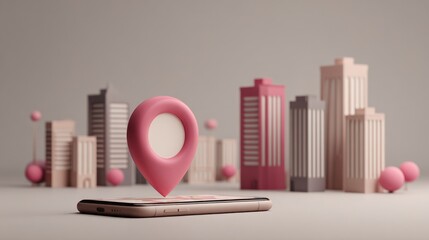 3D Cityscape with Location Pin on Smartphone Screen.