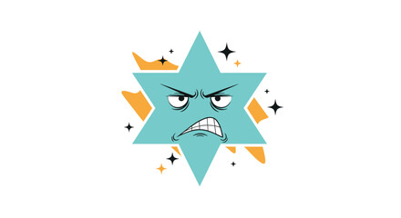 An angry, teal six-pointed star with a cartoon face grimaces, surrounded by abstract orange shapes and sparkling elements on a white background.