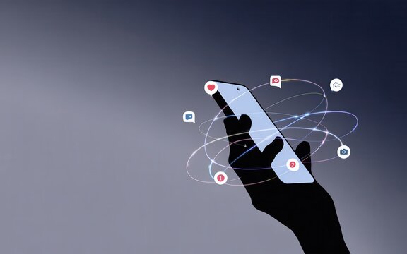 Hand holding a smartphone with digital network connections and data icons