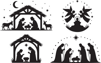 Fototapeta premium Set of four silhouetted nativity scenes for Christmas showing Joseph and Mary, Wise men and angels at the crib of the Christ child, black and white vector illustration