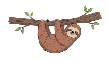 A cute cartoon sloth hangs peacefully upside down from a tree branch with green leaves, enjoying a relaxing moment in nature.