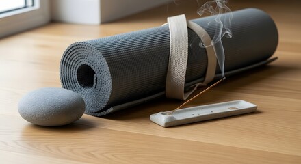 Rolled Yoga Mat with Incense Relaxation Mindfulness Meditation Practice Zen Peace