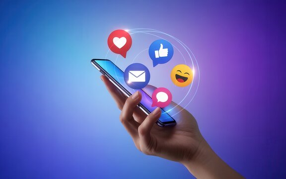 Hand holding smartphone with social media icons floating around