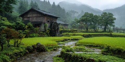Picturesque Japanese Village Scene with Traditional House and Lush Green Rice Fields.