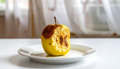 Rotten Yellow Apple on White Plate with Blurred Background.