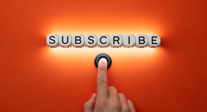 Finger pressing subscribe button with dice spelling subscribe word