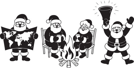 Set of Santa Claus silhouette icons. Vector collection of Christmas characters planning journey and celebrating holiday with Mrs Claus