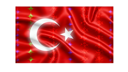 Waving national banner features glowing decorative elements and a stylized crescent moon with a star