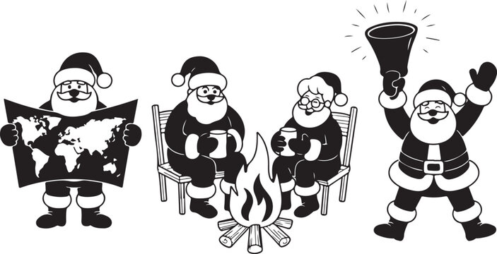 Set of Santa Claus silhouette icons. Vector collection of Christmas characters planning journey and celebrating holiday with Mrs Claus