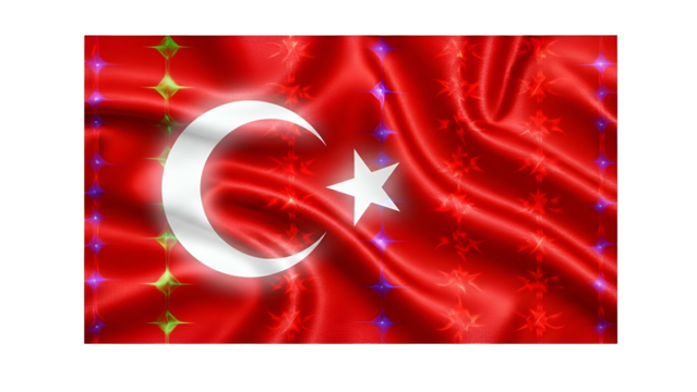 Waving national banner features glowing decorative elements and a stylized crescent moon with a star